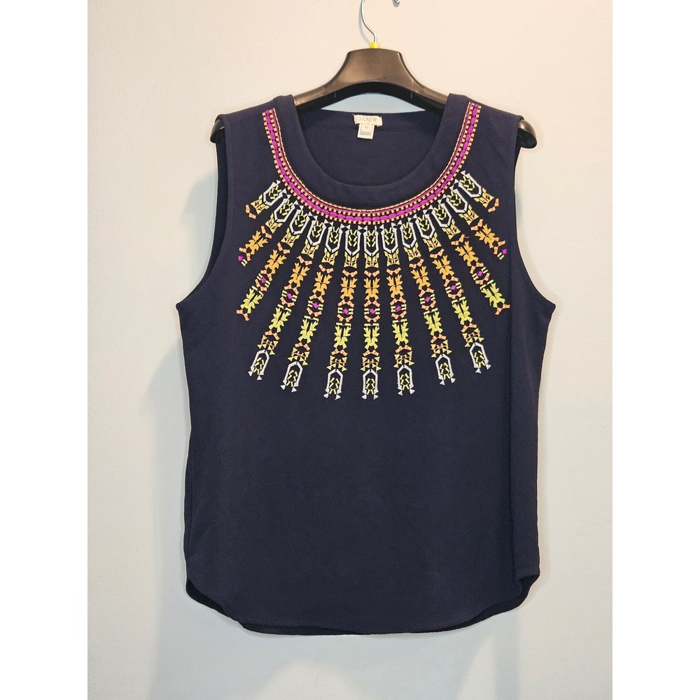 J.Crew Navy Blue Sunburst Embroidered Sleeveless Blouse Womens size 12